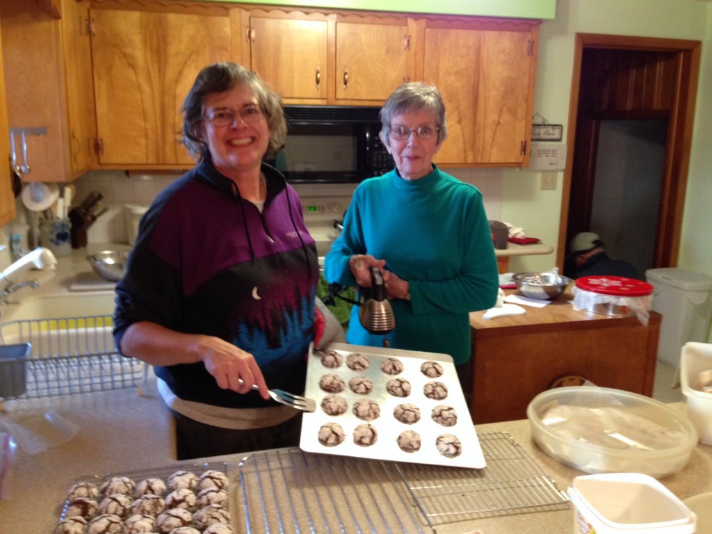 Baking Christmas cookies with Mom - those are Chocolate Crinkles coming out of the oven