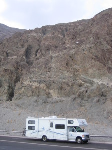 The rented RV on a smooth road in Death Valley.